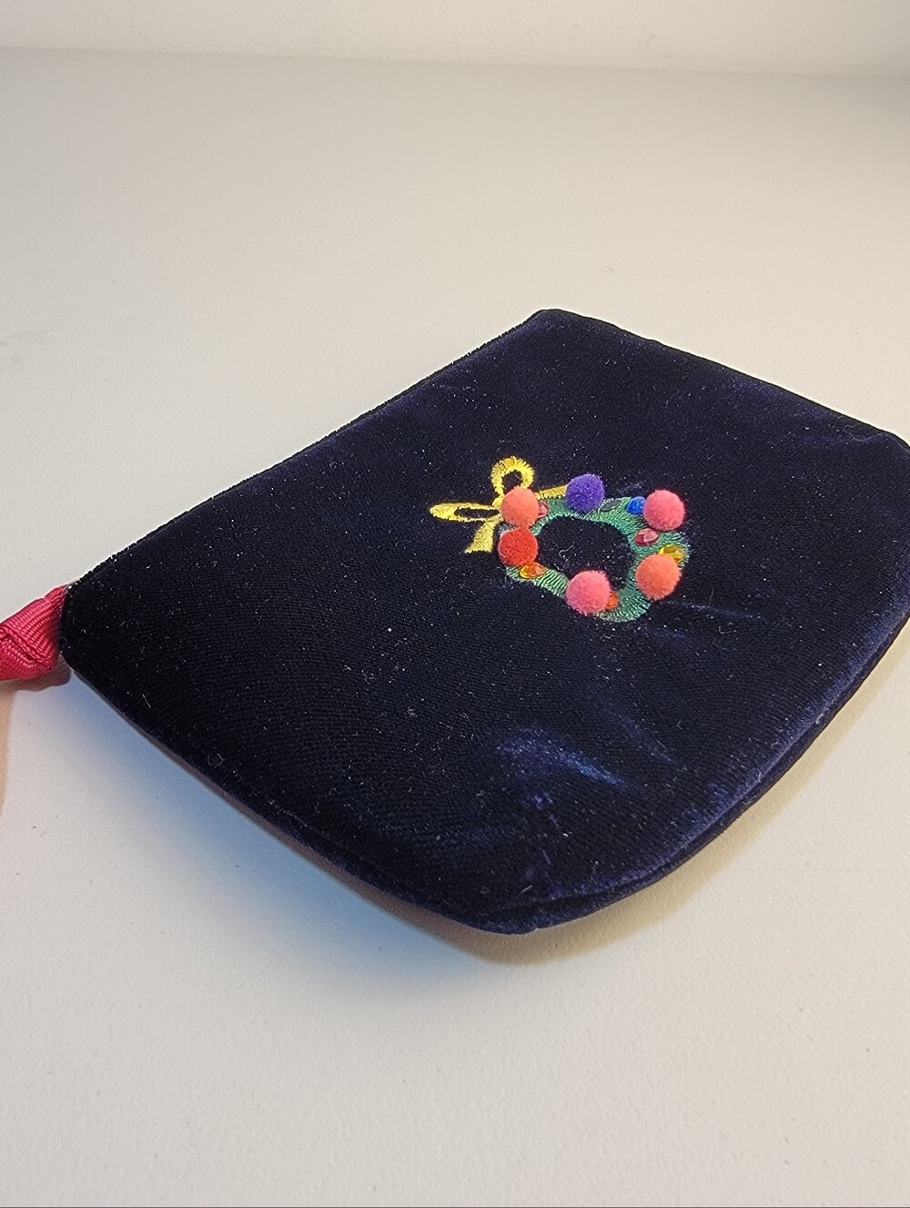Talbots Velvet Holiday Zipper Pouch, Change Purse, Embroidered Wreath, Dark Blue - Picture 6 of 8